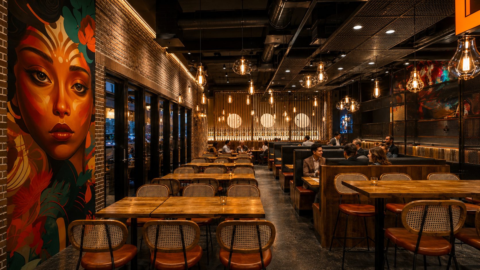 Warm Times Casey & Co dining room render with pendant lights and mural wall
